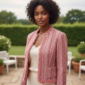 CHADWICKS VINTAGE Pink Boucle Tweed Crop Jacket 10 M Blazer Ribbon Fringe Shaggy